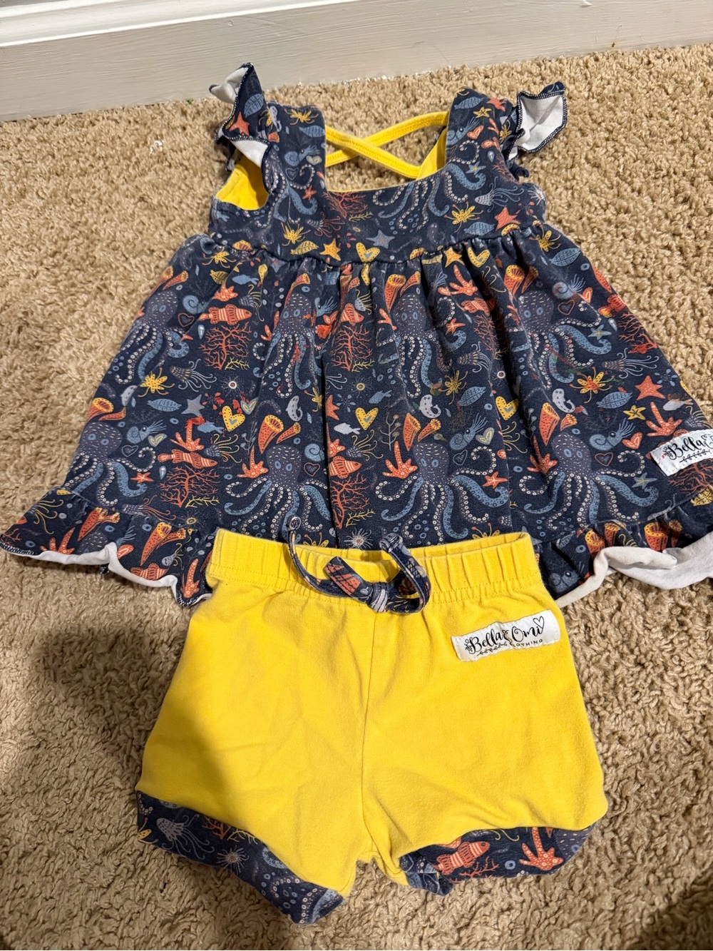 Girls' Navy Sea Life Dress and Yellow Shorts Set